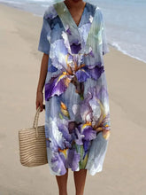 Frauen Alzheimer-Bewusstsein Lila Blumen bedruckt V-Ausschnitt Baumwolle Leinen bequemes lang ärmel iges Maxi kleid